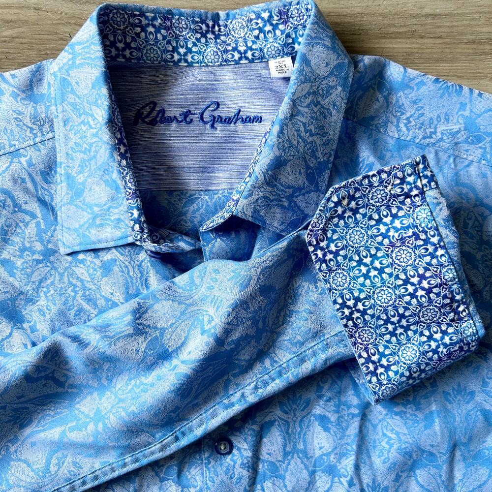Robert Graham Geometric Paisley Floral Blue Button Down Men’s Shirt $228 Sz 2XL